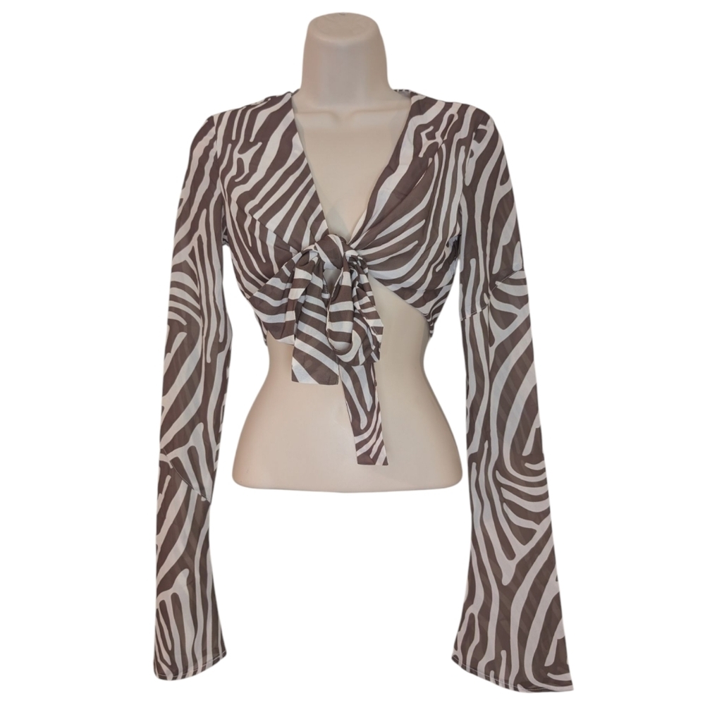 Princess Polly White and Brown Tie Front Wrap Blouse